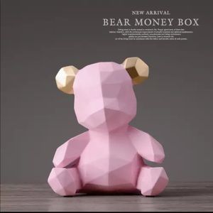 Bear coin bank geometric statue decor figure pink animal cartoon cute home decoy